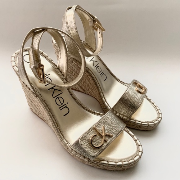 Calvin Klein Karla Gold Leather Espadrille Platform Wedge Slingback Sandals 9.5 - Picture 10 of 13